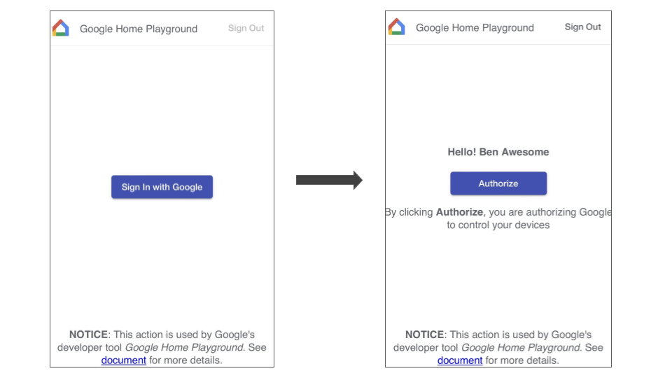 此图显示了用于连接 Google Home Playground 的 Google Home 应用账号关联流程。