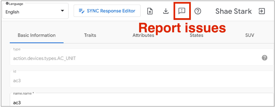 Questa figura mostra le icone per fornire feedback e segnalare
       problemi in Google Home Playground.
