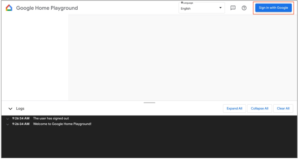 На этом рисунке показано начальное состояние Google Home Playground, а также выделена кнопка входа в правом верхнем углу.